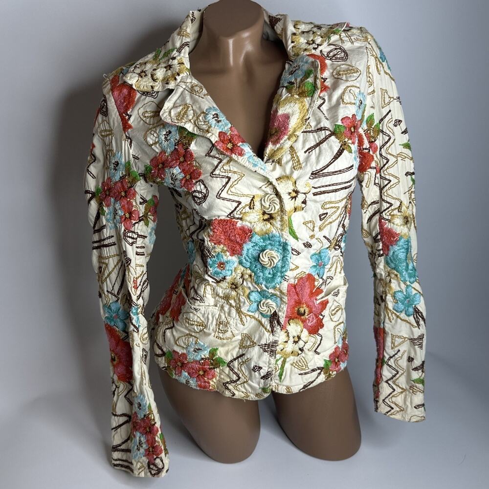 Johnny Was Boho Floral Embroidered Cotton Jacket Blazer Cream S Small Coppy
